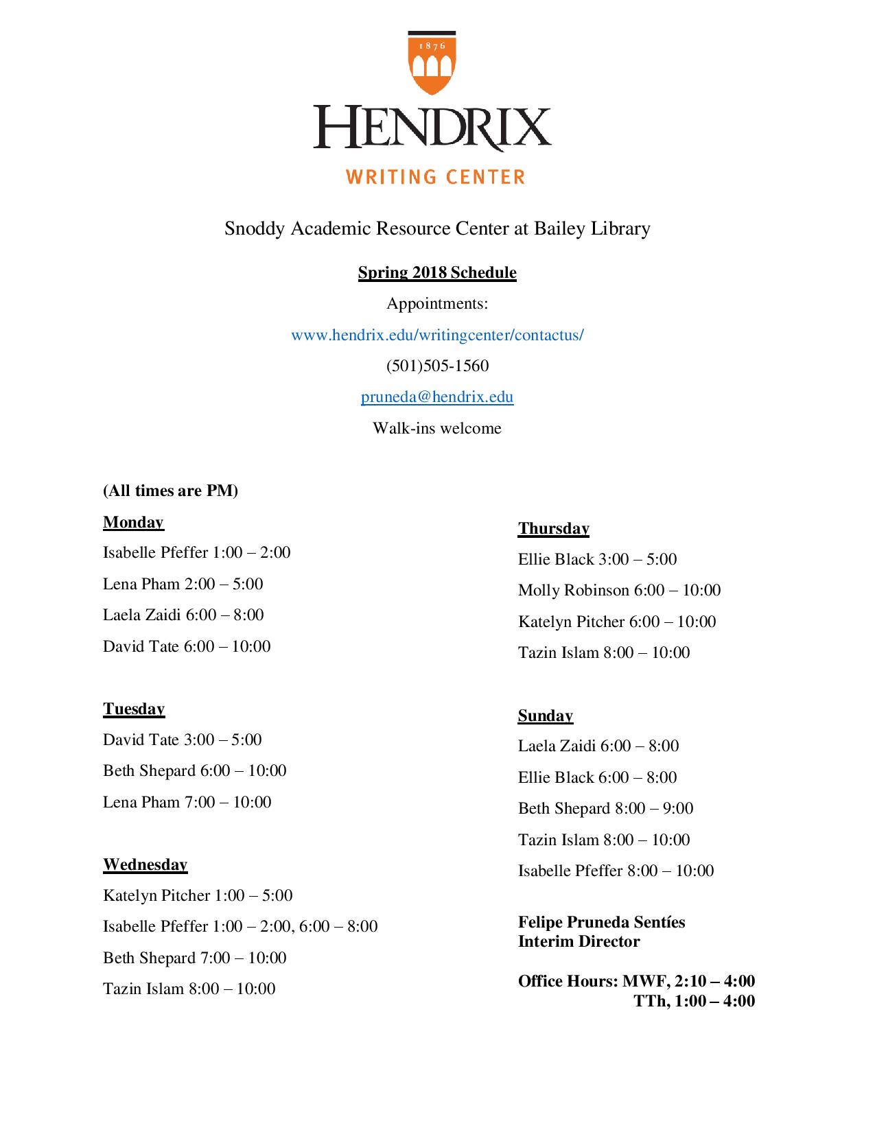 Spring 2018 Schedule List Spring 2018 Schedule List